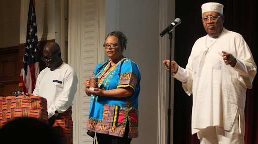 From left: Auguste Kuadio, Karla Kirk, and Kehinde Solwazi. Photo taken on Feb. 01 after the libation ritual during the African American Faculty & Staff Association (AAFSA) Black History Month opening ceremony at Fresno City College’s OAB Auditorium.
