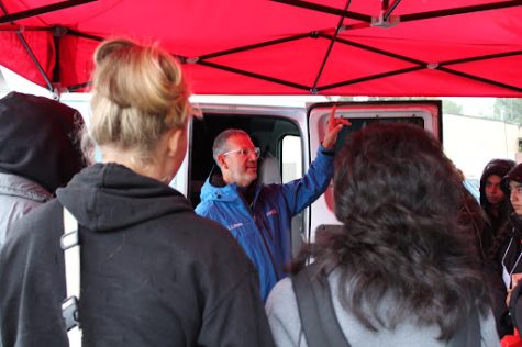 KSEE 24 Chief Photographer Kevin Mahan talking with students about how live broadcasts are done during challenging weather conditions. Photo taken on Feb. 24 
