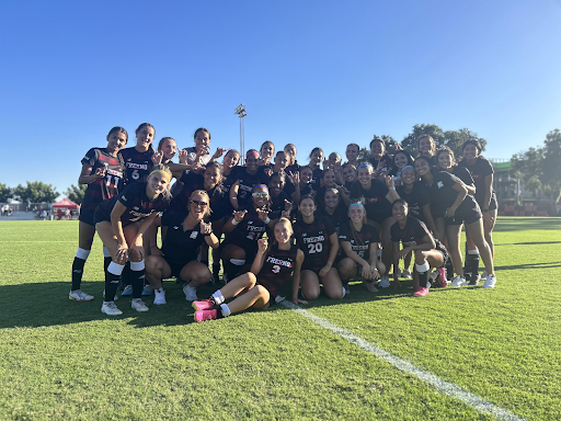 Fresno City College Womens Soccer Team celebrates after winning their first home game of the 2023 season 4-1 on Aug. 29.