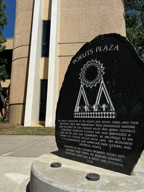The marble Yokuts Monument stands in Yokuts Plaza on Aug. 30, 2023. The writing on the stone talks about the Yokuts and Mono Tribes whose land the college was built on. 