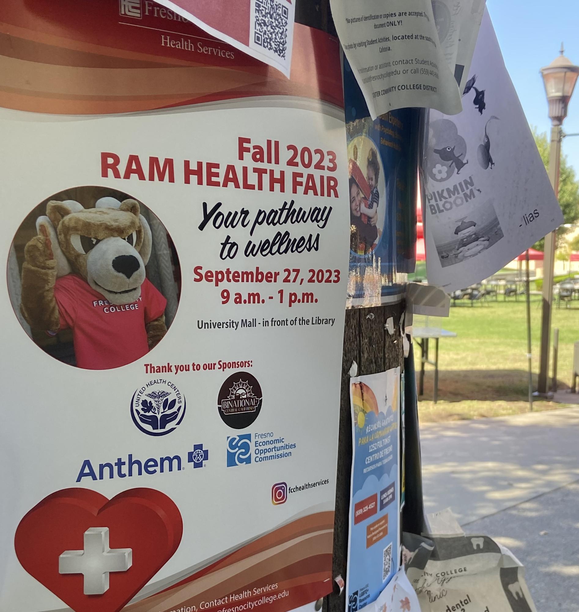 Flyer posted advertising the Ram Health Fair event outside of the bookstore next to Veterans Square on Sep. 20, 2023.