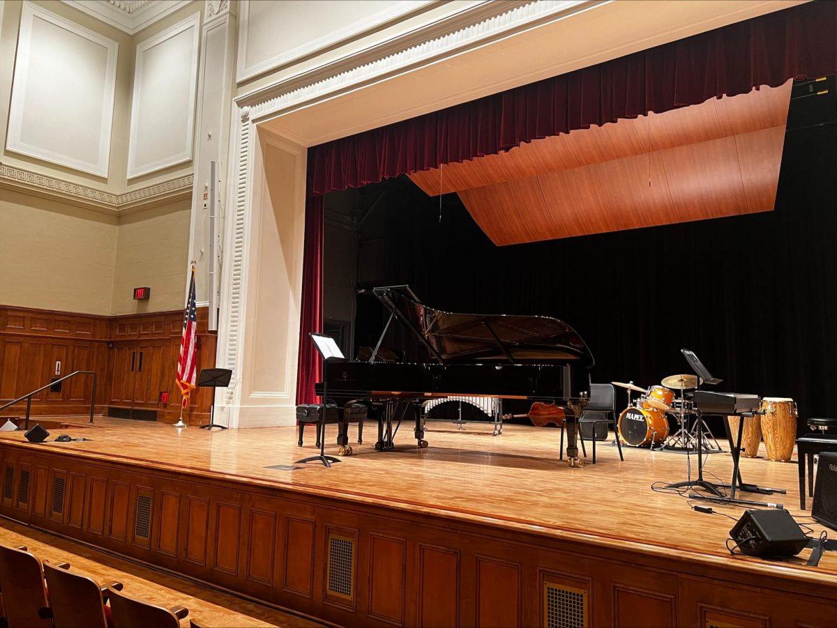 The auditorium stage at the Old Administration Building featuring a grand piano, bongos, drums, vibraphone moments before the show started on Sept. 20.