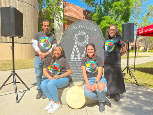 NAISA members posed and photographed around the Yokuts Monument at the Earth Day event on April 20, 2023. From left to right: Diego Rivera, Jasmine Markie Bill, Vice President Jordan Danielle Clark, Nicole Victoria Wells.