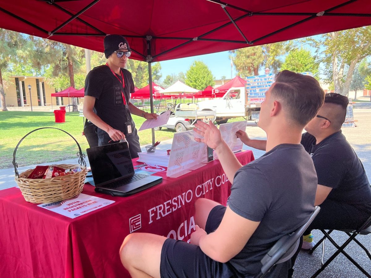 Jose Ceja speaking to members of Fresno City College’s Associated Student Government about joining ASG at Veterans Square on Sept. 17, 2023.