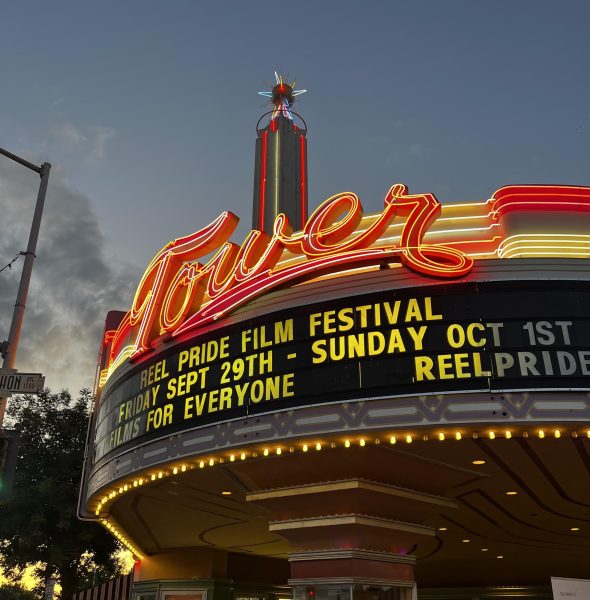 The exterior of the Tower Theater is shown with the marque advertising the Reel Pride Film Festival along with the dates that the festival would take place on Sept. 30, 2023. ‘Films for everyone’ was the theme this year. 