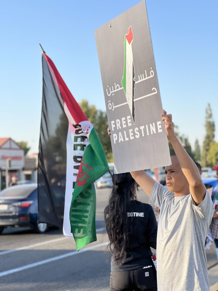 Protestors+gathered+across+all+corners+of+the+Blackstone+and+Nees+Ave+intersection+which+was+organized+by+Free+Palestine+on+Oct.+17.+2023.
