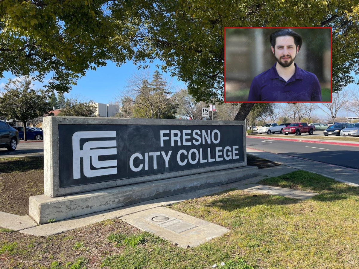Fresno City College main sign located on Van Ness and Mckinley near parking lot E on Feb. 6 with Tom Boroujenis photo on the top right corner. Photo modified by Sara Ohler.