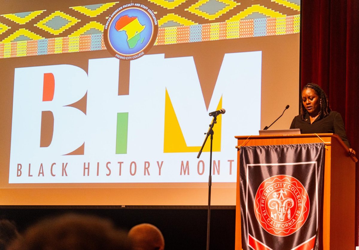 Dr. Lataria Hall, Fresno City College’s vice president of student services, gives welcome remarks at the opening ceremony for Black History Month at FCC on Feb. 1.