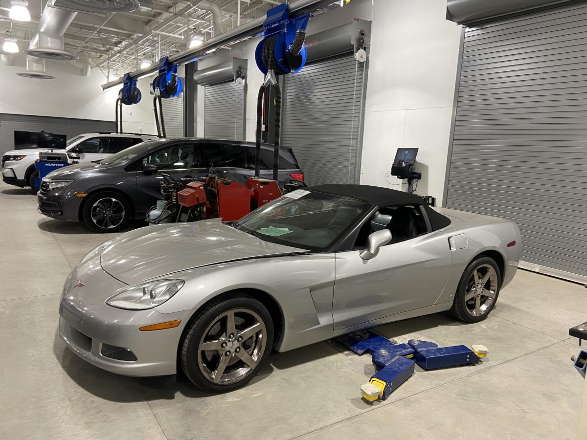 A silver Corvette, one of the donated cars for students to work on inside of the
new Automotive building on Jan. 23,2024.