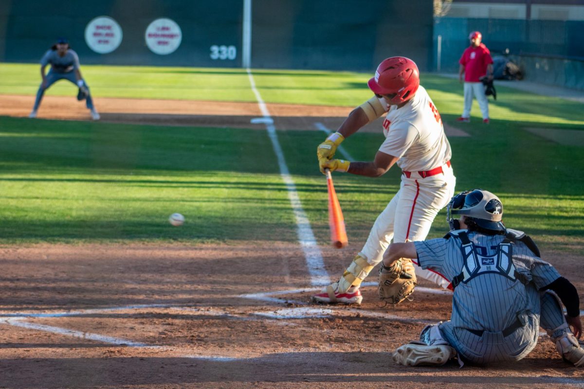 JP Acosta, #4, batting against Merced Blue Devils in the second inning on Mar 14, 2024. The game would end in the eleventh inning with a score of 6-5.