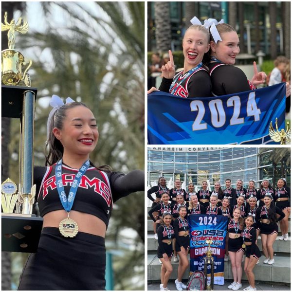 Fresno City College’s cheer team celebrating their win after placing first at the USA Spirit Association Collegiate Championships taken on Feb.18