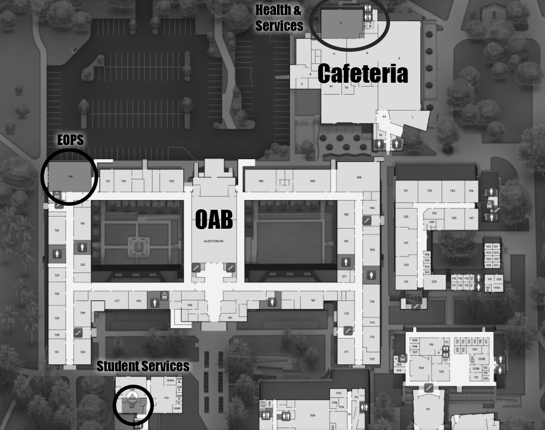 The circled areas on the map of Fresno city college highlight where the three offices temporarily moved to.