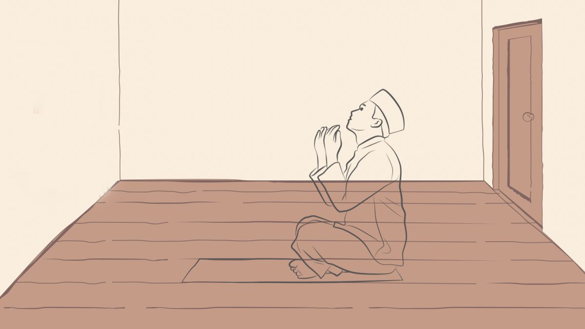 graphic depicts man peforming private prayer in meditation room.
