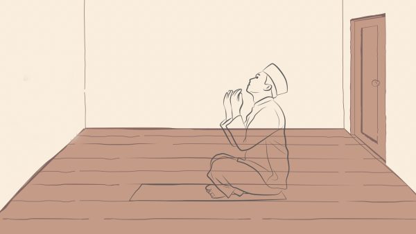 graphic depicts man peforming private prayer in meditation room.