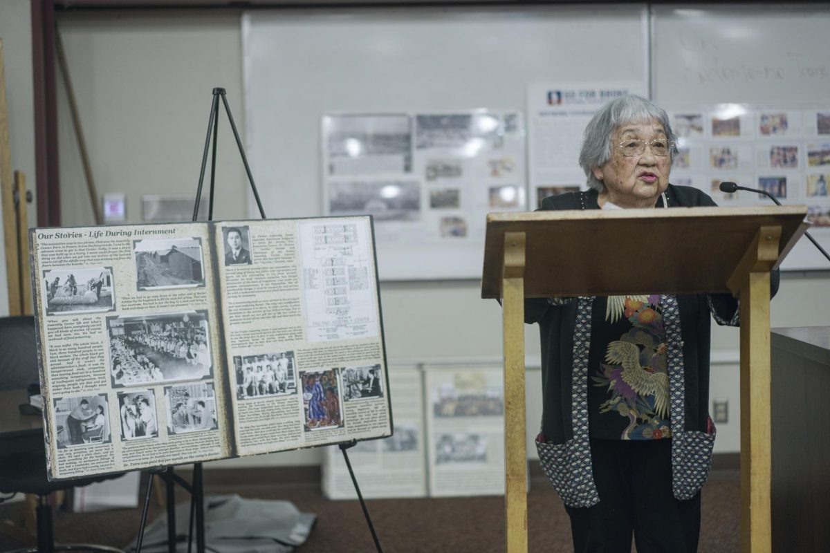 Marion Masada speaking at FCC’s Japanese American Incarceration Panel on April 24, 2024.