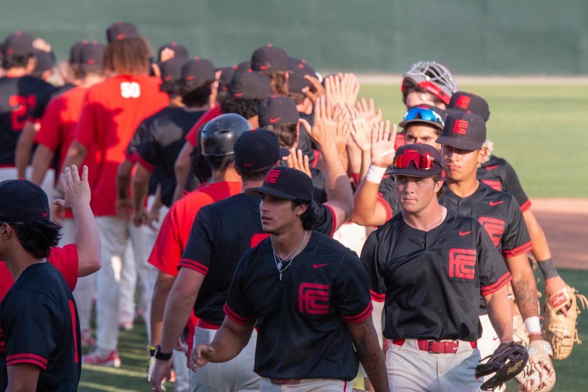 The rams showing good sportsmanship after their win against the Coalinga College Falcons on April 23, 2024.