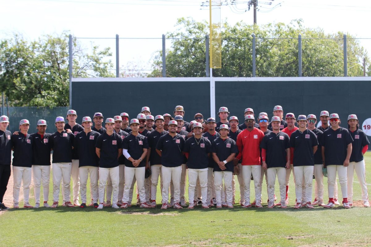 Members of the Fresno City College baseball team pose for a photo before their game against Porterville on April 5, 2025. The team became Central Valley Conference champions on April 15, 2025.
