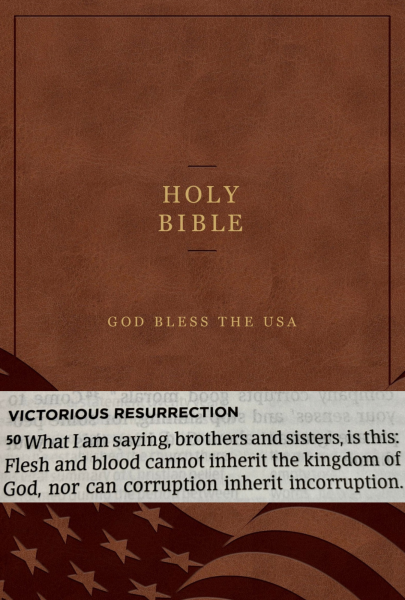 Photo of “God Bless The Usa Bible”, a Bible marketed by President Donald Trump. With 1 Corinthians 15:50 a passage about redemption and transformation to inherit God’s kingdom on the front of the $60 bible. taken on May 10