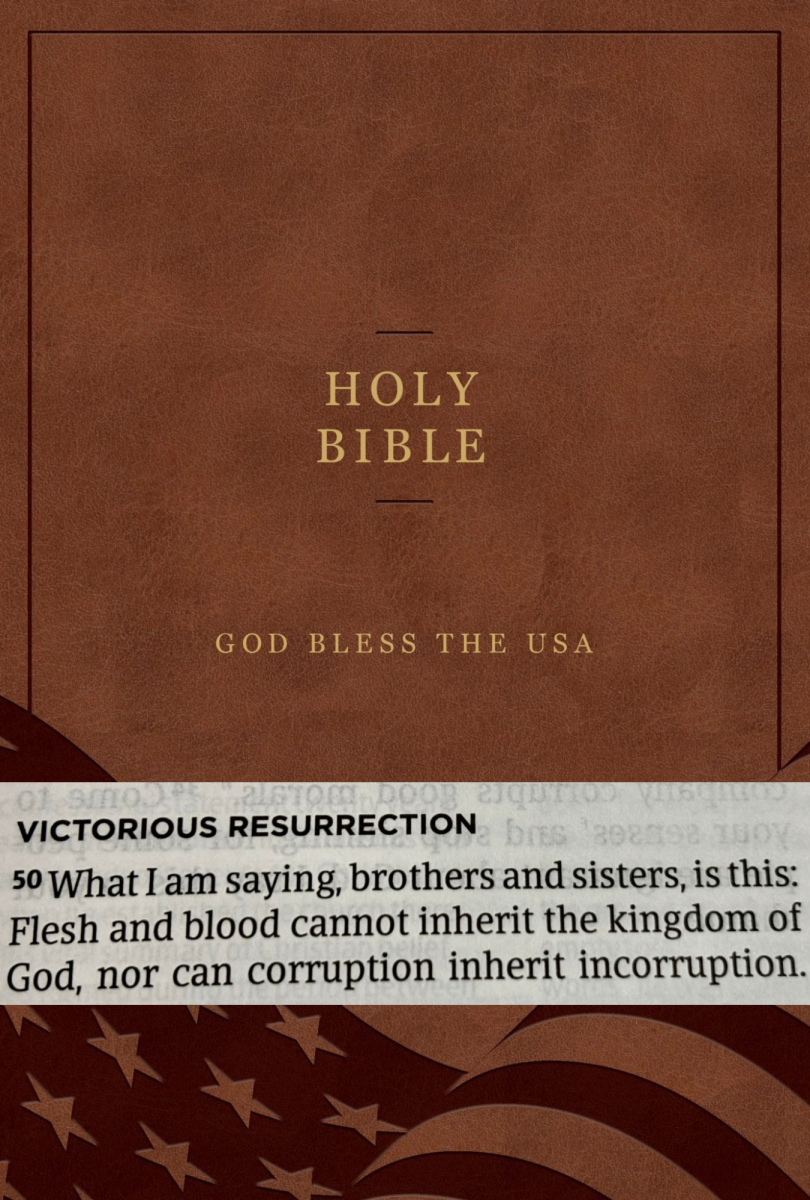 Photo of “God Bless The Usa Bible”, a Bible marketed by President Donald Trump. With 1 Corinthians 15:50 a passage about redemption and transformation to inherit God’s kingdom on the front of the $60 bible. taken on May 10