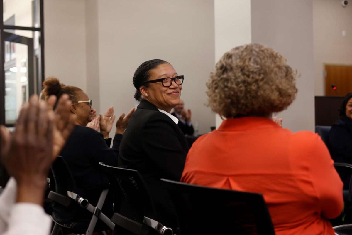 Denise Whisenhunt looks out into the crowd of people cheering for her new position as Fresno City College’s president on May 6, 2025 at the State Center Community College District Board of Trustees meeting. Whisenhunt got all board members approval and will begin her term on July 21. 