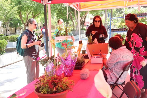 Two cashiers finalizing a customer’s purchase at the DSP&S annual Mother’s Day plant sale On May 8, 2025.