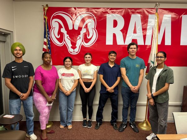 [From Left to Right] Gurbhagat Bains, Mary Woods, Natalia Montelongo, Reanna Carlson, Miguel Barrita, Gabriel Echeveste, and Vrinda Vrinda gather together to take a group photo after their first meeting in the Fresno City College Senate Chambers on Aug. 19, 2025.