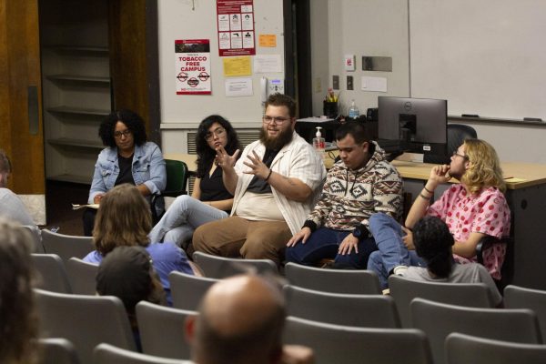 (left to right) Rampage Adviser Kathleen Schock, Reporter Miley Araujo, Collegian Senior Reporter Josiah Poynter, Opinion Editor Juan Muratalla and Editor-in-Chief Logan Payne speak at a panel featuring The Rampage in room 103 of the Forum Hall on Sept. 16, 2025.