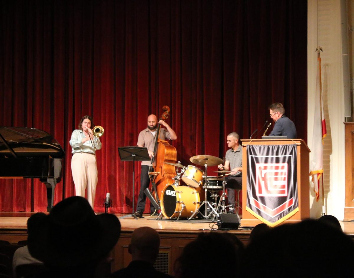 (left to right) Barb Shinaver, Adam Elmore, Chris Early and Paul Lucckesi perform “Bloomdido” by Charlie Parker during the Music Faculty Recital on Sept. 12 on the Fresno City College Old Administration Building stage.