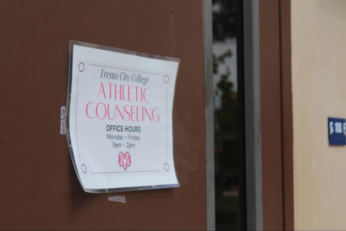 Athletic Counseling office hours sign posted on the G-100 door at Fresno City College on Sept. 10