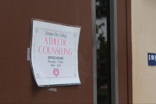Athletic Counseling office hours sign posted on the G-100 door at Fresno City College on Sept. 10
