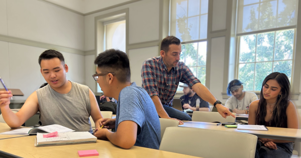 (left to right) Tommy Yang, Hector Martinez, Nick Hernandez, Leonardo Navarro and Rylie Zaragoza discuss their chosen social issues in the Old Administration Building on Aug. 28.