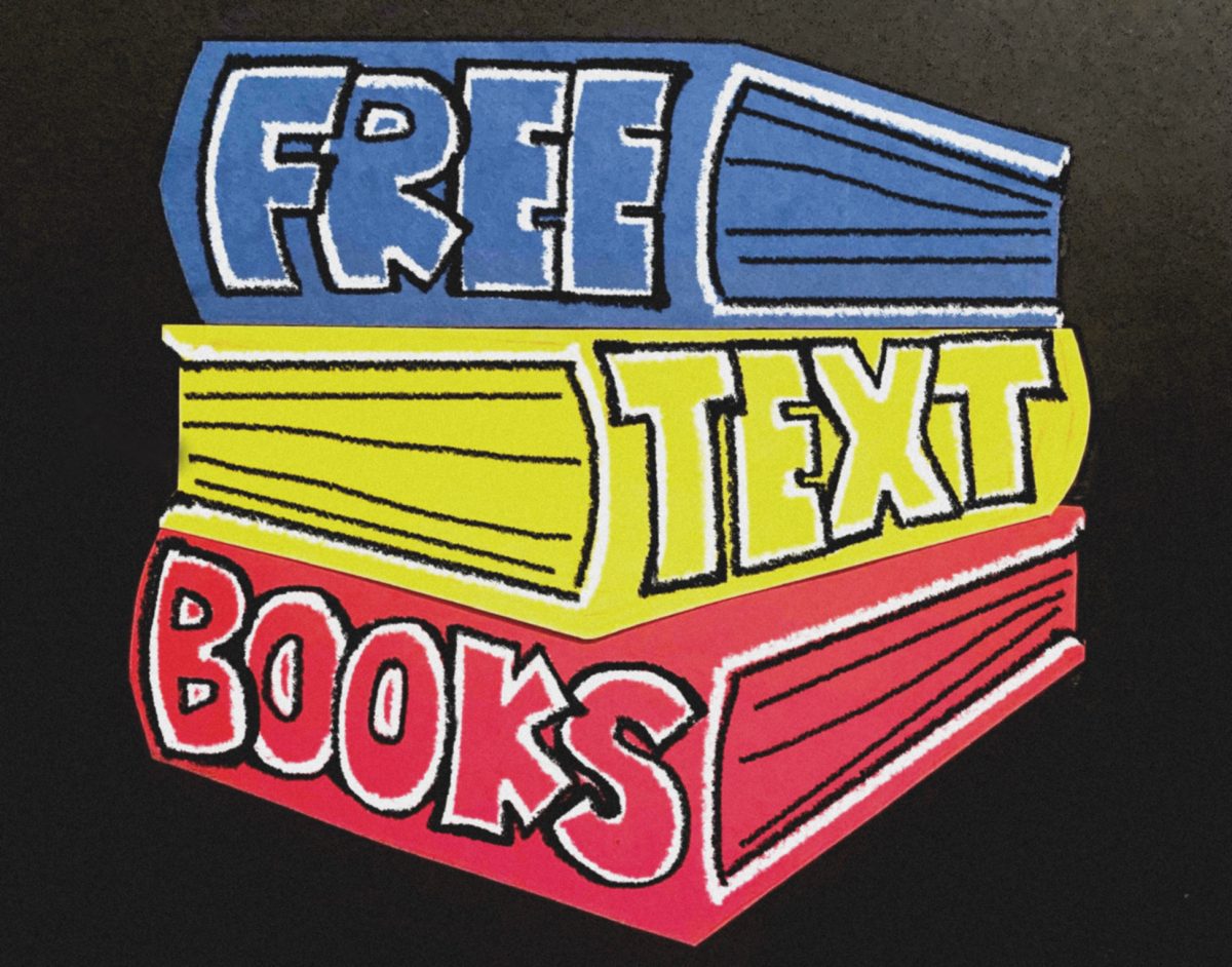 Graphic illustration of a stack of books (top to bottom) blue, yellow and red on a black background with the phrase “free text books” written on the spine of each book. 
