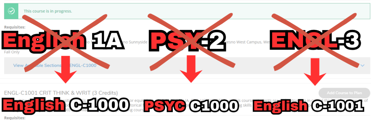 A graphic displaying three college courses undergoing name changes
with a Self-Service screenshot used as a background.