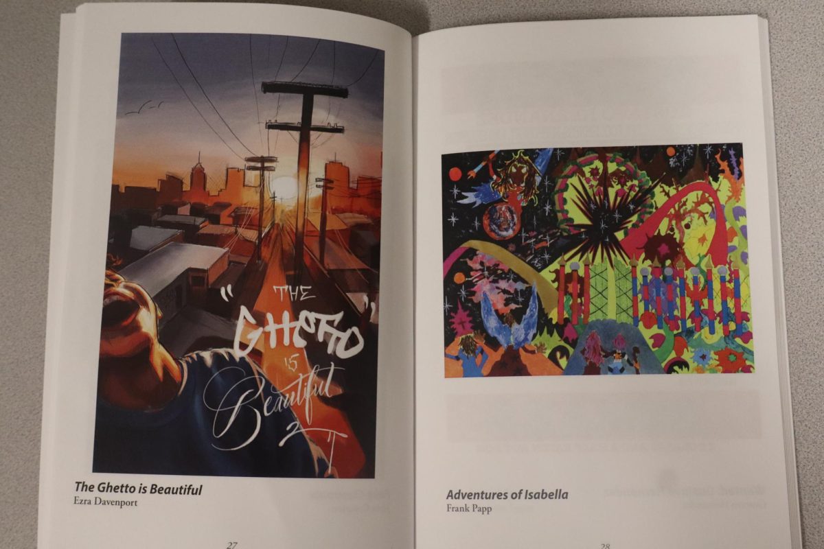 (Left) "The Ghetto is Beautiful" by Ezra Davenport and "Adventures of Isabella" by Frank Papp are displayed in the visual art section on pages 27 and 28 of the 2025 FCC Review.