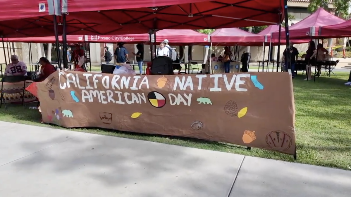 A banner is displayed on Sept. 25 to honor California Native American Day in the Yokuts Plaza at Fresno City College, and it reads "California Native America Day."