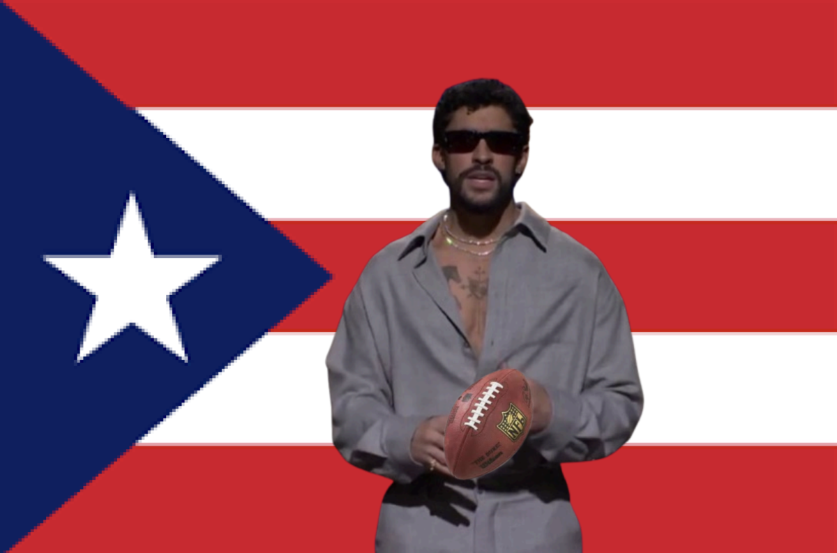 Digitally altered image of Bad Bunny holding a NFL football in front of the Puerto Rician flag. Created by Victoria Resendez