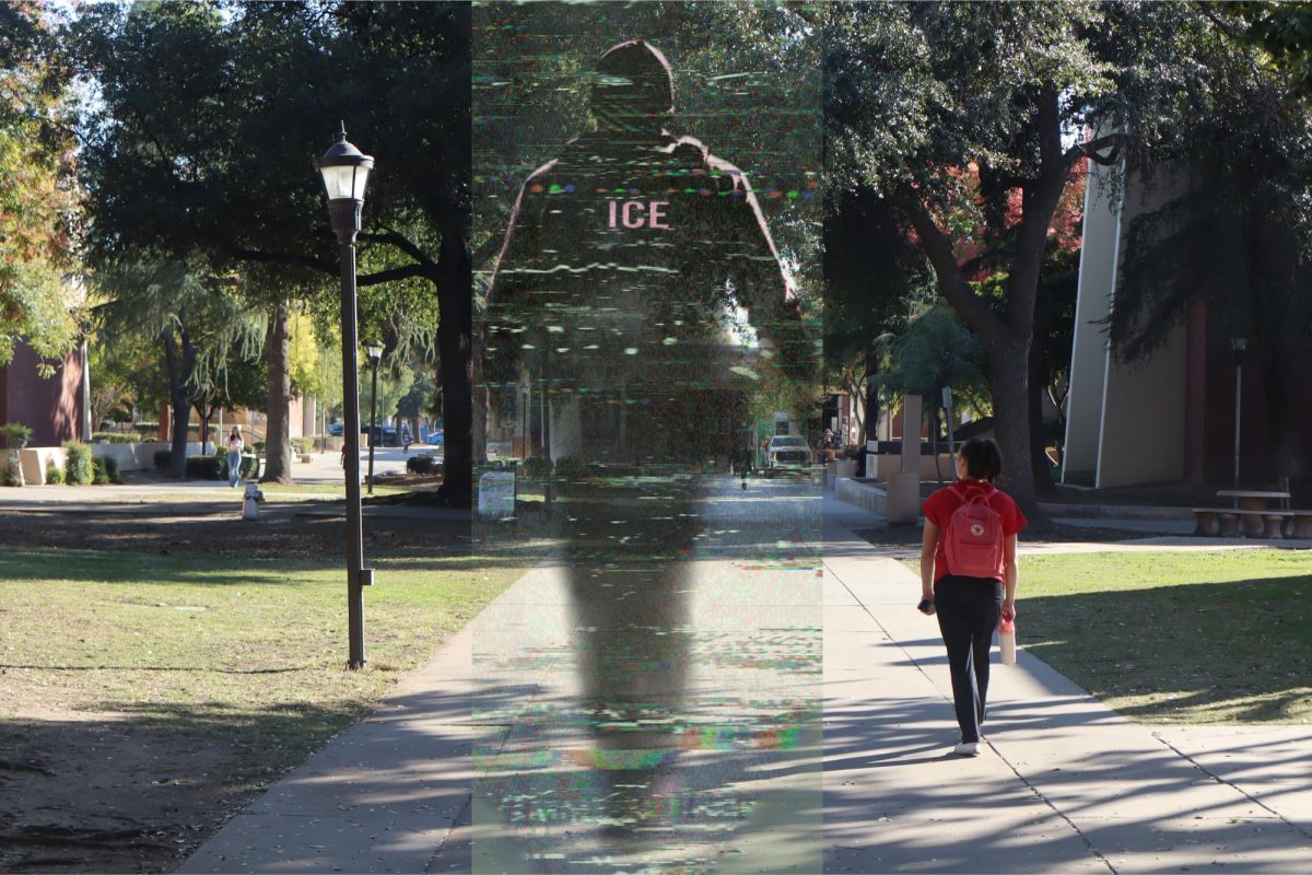 A photo composite with a photo of an ICE officer taken from Bloomberg layered over a photo of an outdoor walkway at Fresno City College on Oct. 21.