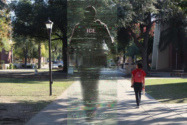 A photo composite with a photo of an ICE officer taken from Bloomberg layered over a photo of an outdoor walkway at Fresno City College on Oct. 21. 