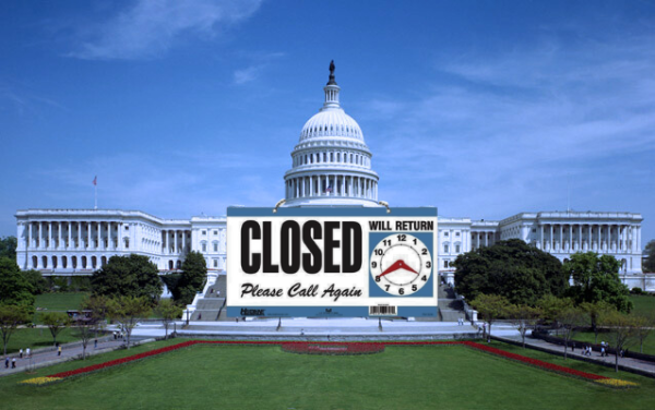 A photo of the United States Capitol Building courtesy of the national park service website with a superimposed sign that reads "Closed Please Call Again." Graphic by Logan Payne