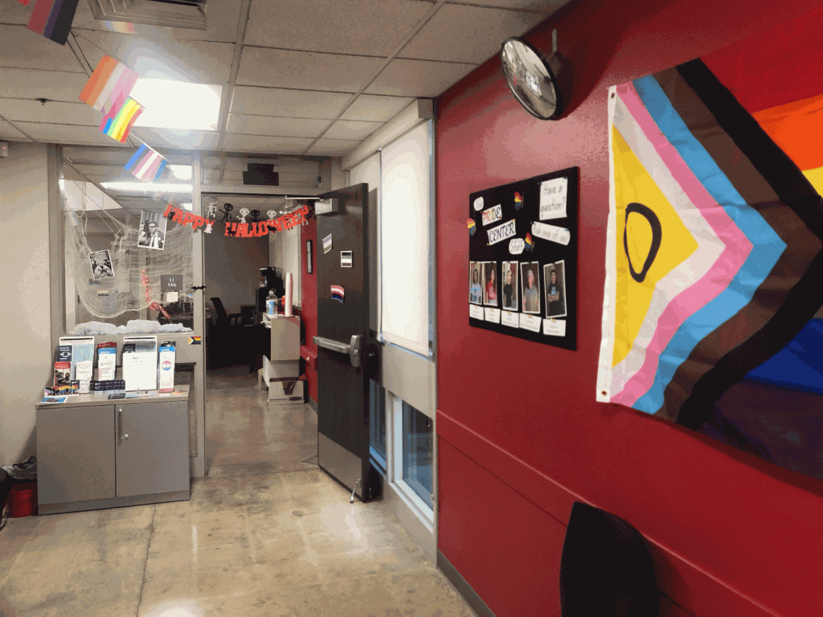 Inside of the Fresno City College Pride Center, where the CHEL program operates from, decorated with halloween decor and variations of pride flags on Oct.9 2025. 