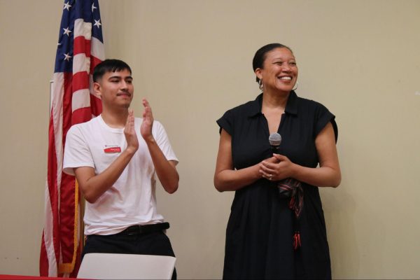 Associated Student Government Miguel Barrita (left) stands with Fresno City College President Denise Whisenhunt during the Q&A segment of the "Pizza With The Presidents" event on Oct. 2 in the Old Administration Building.