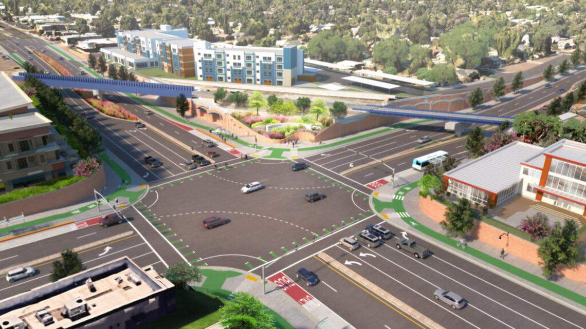 A preliminary rendering looking from the northeast to southwest depicts for how both Blackstone and McKinley avenues in central Fresno will be lowered to run underneath the existing BNSF Railway tracks near Fresno City College. New bridges would carry the train tracks above the two streets. It’s similar to lowered streets under the railroad tracks at Shaw and Marks avenues in northwest Fresno. Courtesy of the City of Fresno Capital Projects Department