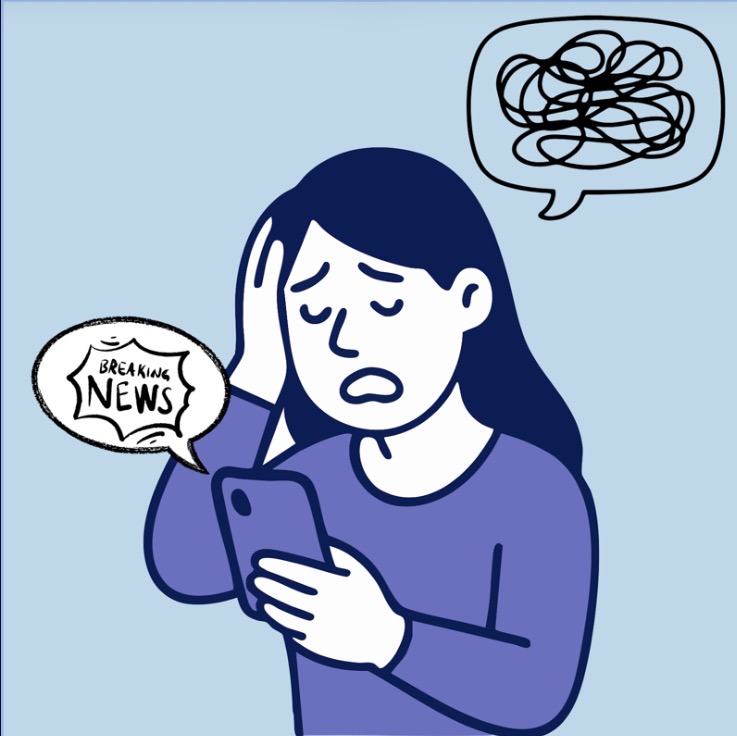 Graphic showing a woman stressed about breaking news on her phone. 