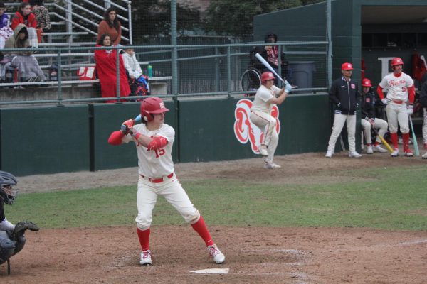 Jace Davies No. 15 at the plate preparing to hit the ball at the Fresno City College ballpark against Mt. SAC on Jan 24.