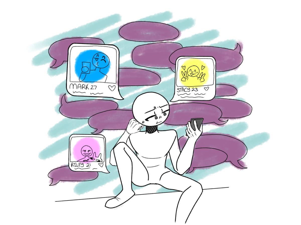 A character looking through dating profiles and text messages, expressing boredom when looking at them on Feb. 9. Drawn by Kenneth S. Fulton