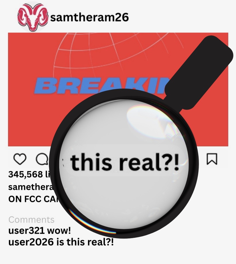A graphic of a magnifying glass zooming in on the fake Instagram users commenting on the credibility of the information from a fake Instagram account. 
