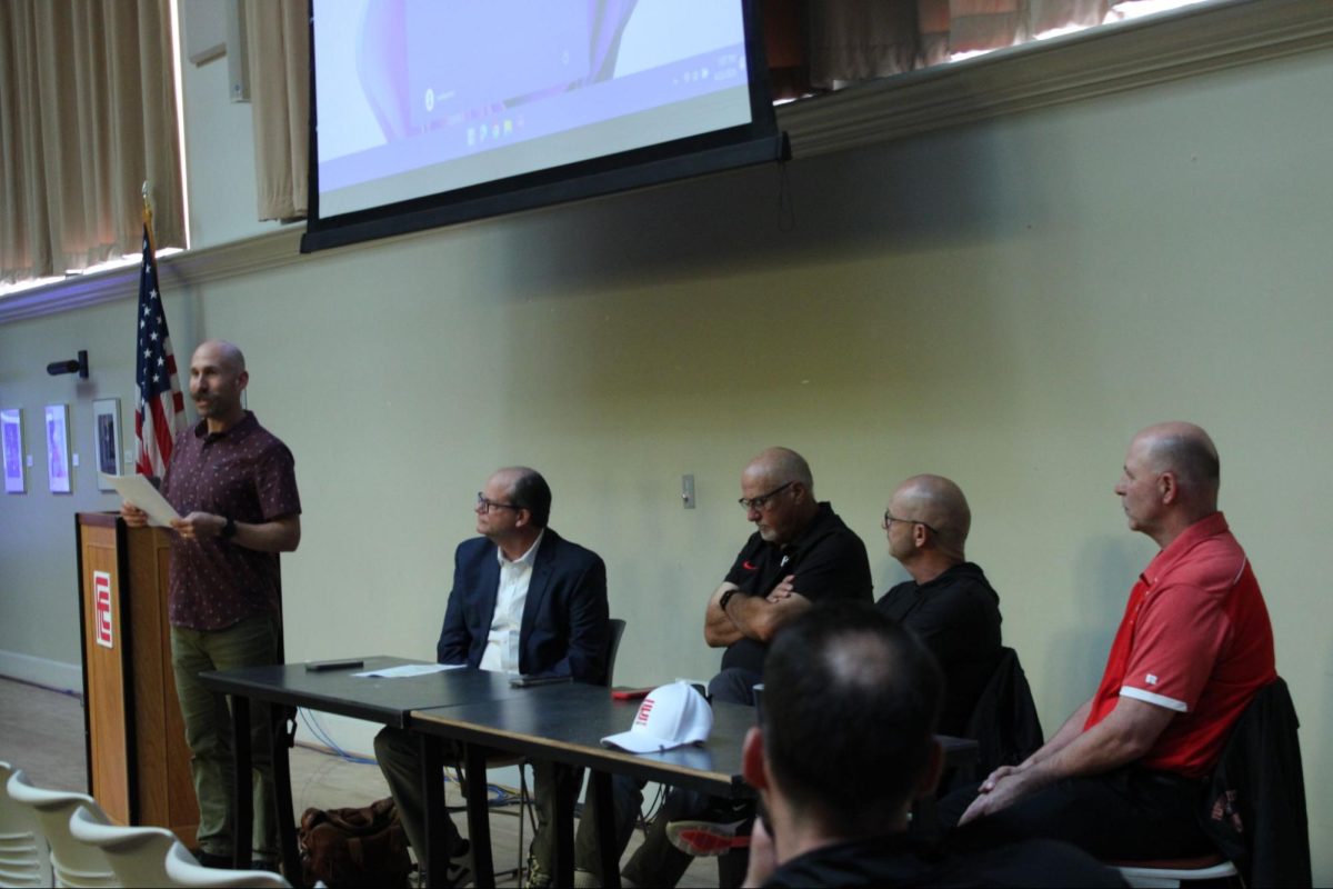 The panelists were introduced by Jameson Henkle. (Left to right) Scott Bemis, Tony Caviglia, Oliver Germond and Paul Keysaw on April 22. 