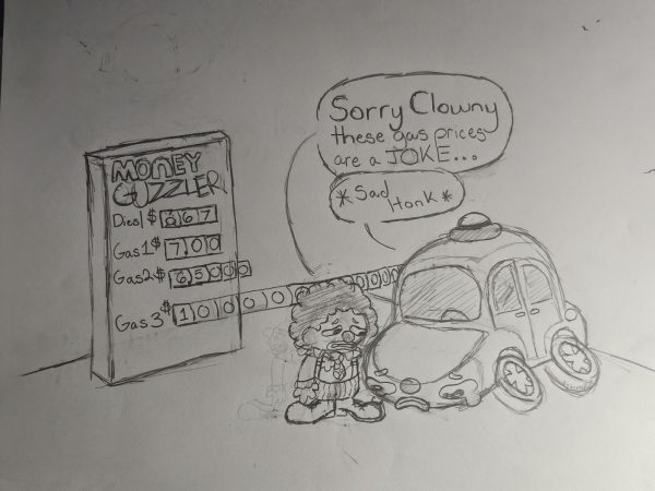 Clusty car can't go to clown car school due to ridiculous gas prices. Drawing by Kenneth Fulton.