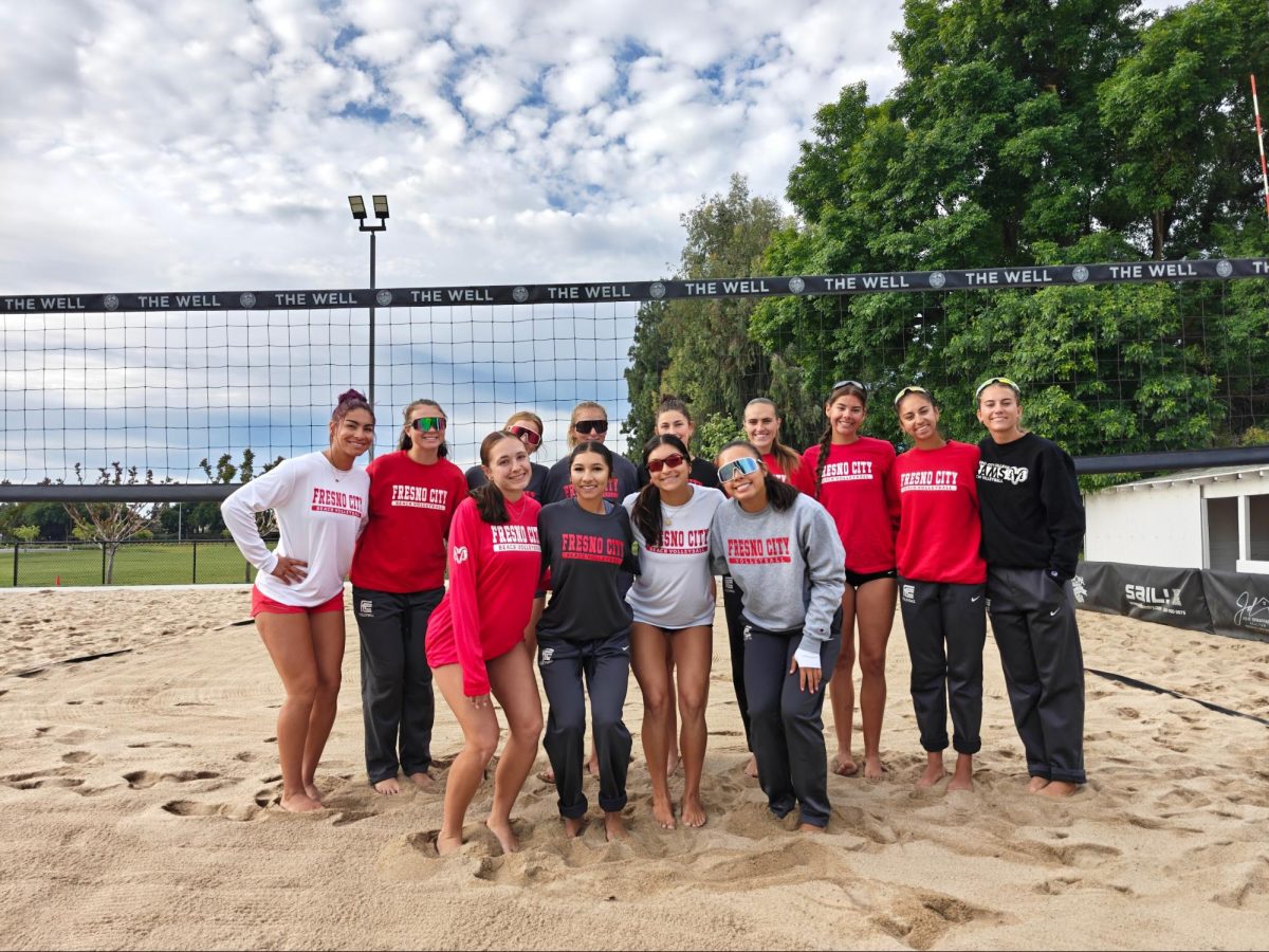 The FCC beach volleyball team on one of the courts they use for practice. Photo taken on Friday, 24.  