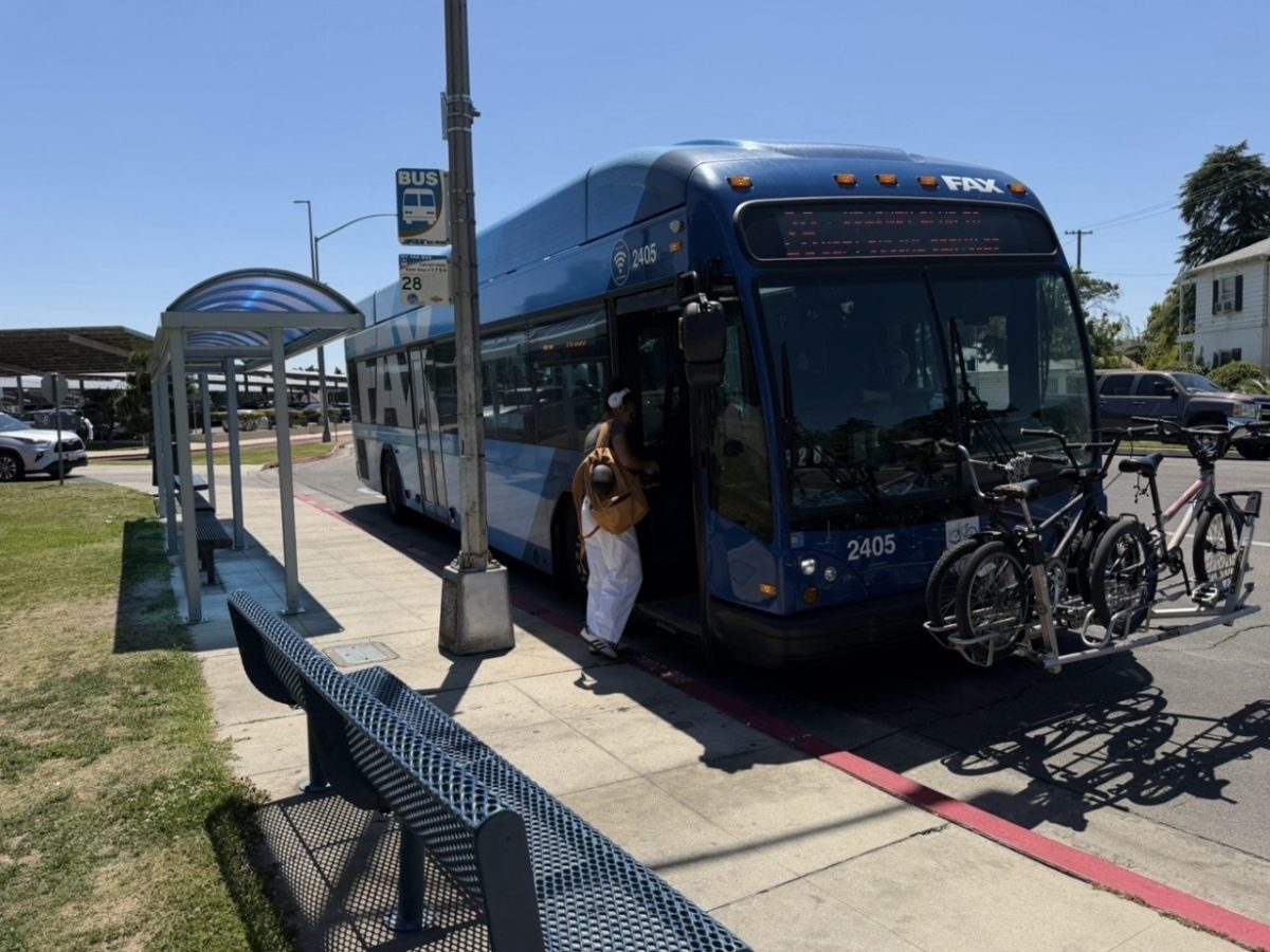Fresno’s bus stop located on Van Ness picking up students on April 29.